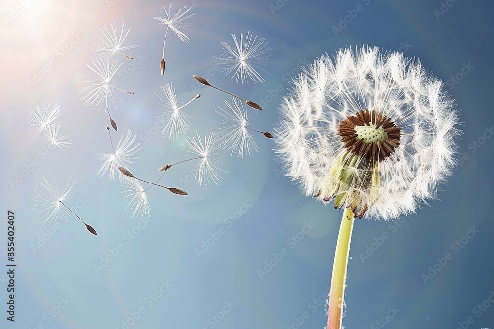 Poster dandelion seeds floating in air on soft blue backdrop with mesmerizing bokeh effects