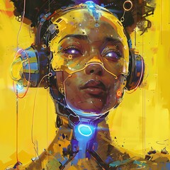 Futuristic portrait of african woman with cyborg elements on yellow background -  Generative AI