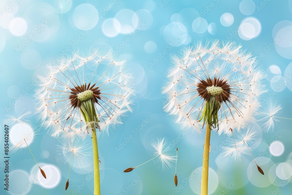 Poster dandelion seeds floating in air on soft blue background with beautiful bokeh effects