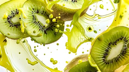 Whole and sliced kiwi with splashes of juice, isolated on a white background. 