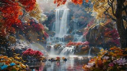 Fantasy Landscape with a Waterfall, Autumn Trees, and Stunning Flowers