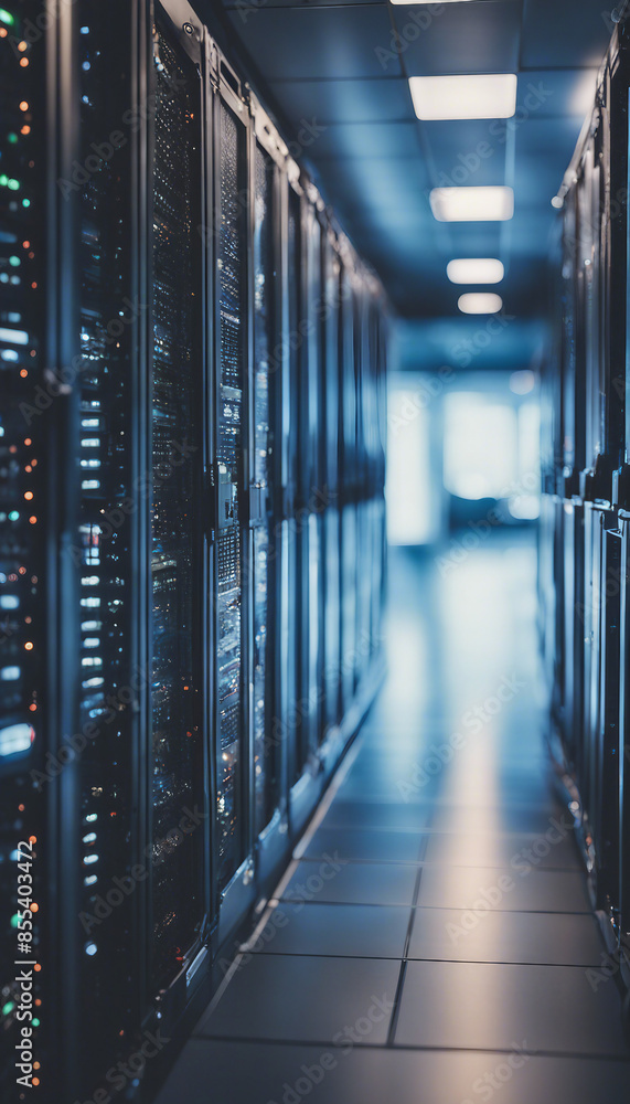 Poster rows of servers in a busy data center hallway