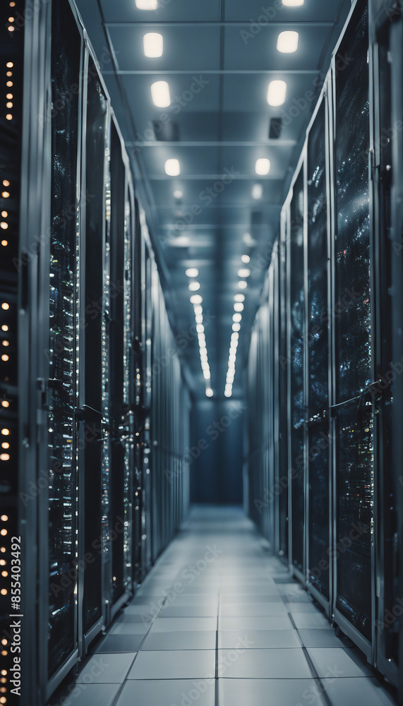 Poster rows of servers in a busy data center hallway