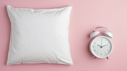 A white pillow sits on a pink background with a white alarm clock on top of it, morning concept