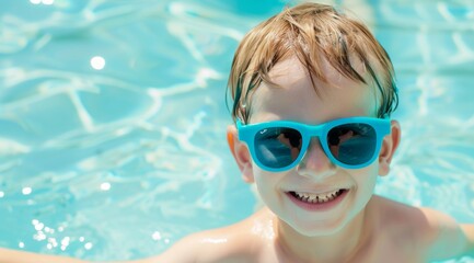 Naklejka premium A young boy is smiling and wearing blue sunglasses while in a pool, aquapark or water park