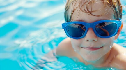 A young boy is in a pool wearing blue sunglasses, aquapark or water park