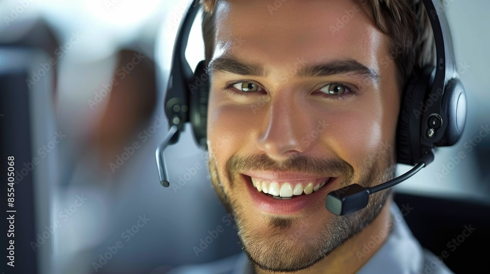 Poster skilled call center agent achieving first call with positive attitude and efficient communication in