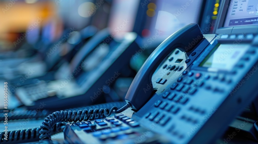 Poster close up view of voice over internet protocol voip technology being used in a bustling call center e