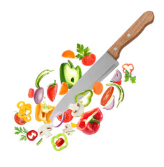 Knife cutting different vegetables in air on white background