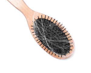 Brush with lost hair isolated on white, top view