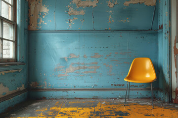 Empty Blue Room with Yellow Chair