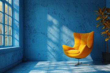 Empty Blue Room with Yellow Chair