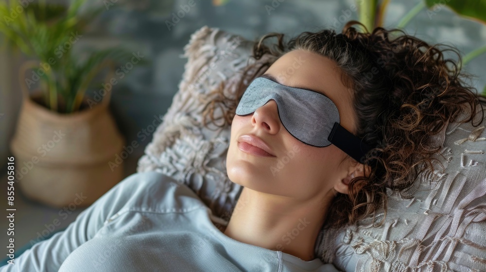 Poster Peaceful and Relaxing Image of a Woman Napping Comfortably on a Large Soft Pillow While Resting with a Sleep Mask On in a Cozy Calm Home Environment