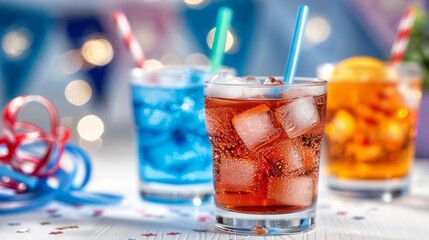 A glass of soda with ice cubes in it is surrounded by other glasses of soda. Tropical summer concept