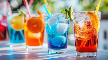 A row of colorful drinks with straws in them. Tropical summer concept