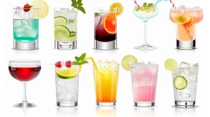 A collection of various cocktails in different glasses. Tropical summer concept