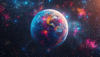 Fototapeta premium A vibrant cosmic scene with planets, colorful atmospheres, and shimmering stars. 🌌✨ Captures the celestial beauty and vivid hues of the universe, perfect for those fascinated by cosmic wonders! 🪐🎨
