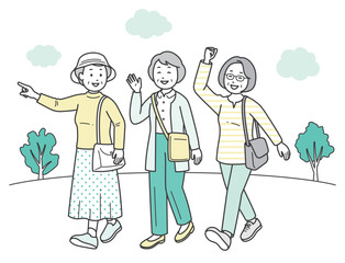 仲の良い高齢女性グループが旅行先で楽しんでいる全身イラスト
