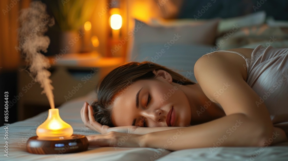 Poster peaceful and tranquil evening slumber with an aromatherapy diffuser placed by the bedside creating a