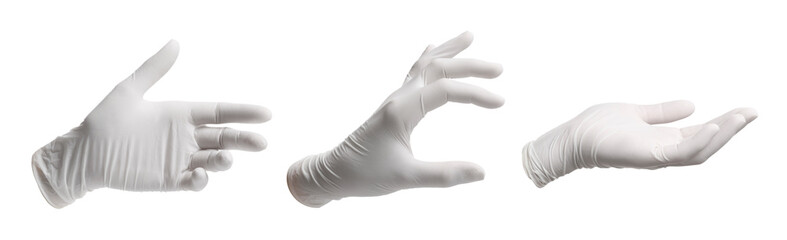 Medical gloves on white background, collage of photos