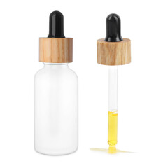 Pipette and bottle with cosmetic product isolated on white, collage