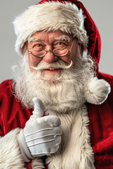 Naklejka premium Jolly Santa Claus Giving Thumbs Up in Red and White Outfit with Bushy White Beard and Glasses Cheerful Christmas Holiday Spirit Image Perfect for Festive Celebrations and Advertising