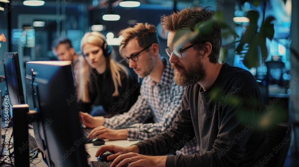Poster a group of professional technical support team members working together at their desks in a modern w