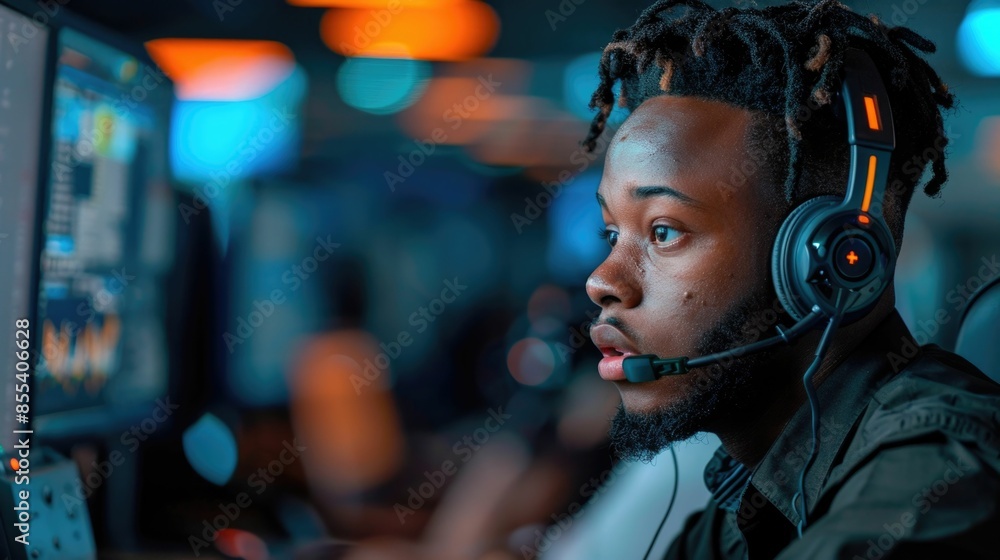 Poster portrait of a helpdesk operator wearing a headset and talking on the phone while sitting at a comput