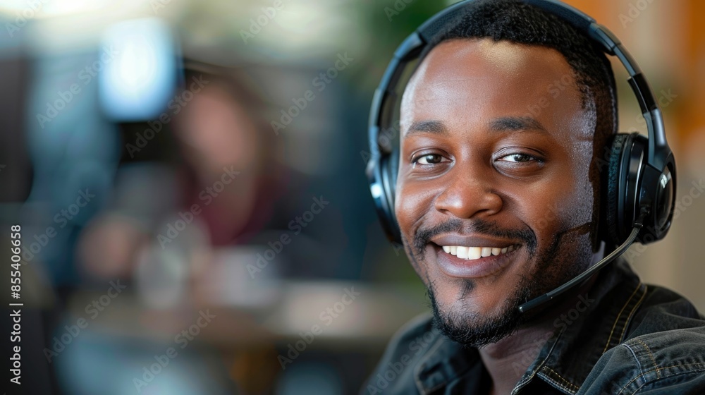 Poster portrait of a smiling call center agent wearing a headset and providing friendly and efficient telep