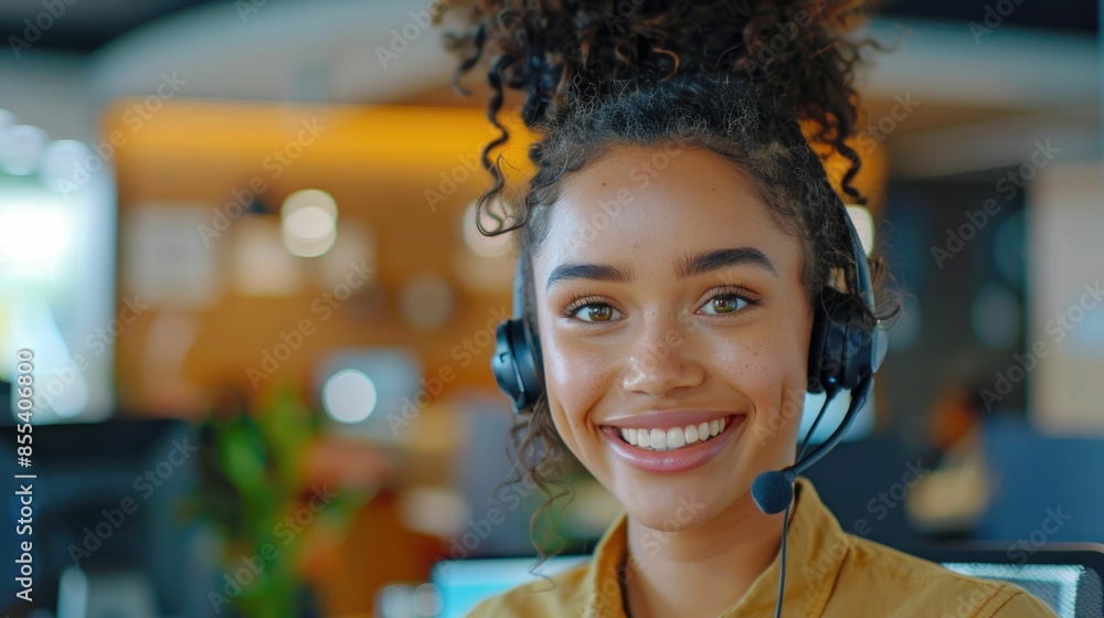 Poster portrait of a friendly and professional call center agent wearing a headset and smiling while assist