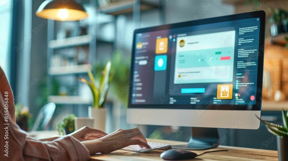 Poster live chat assistance workspace with representative typing on computer in modern office environment