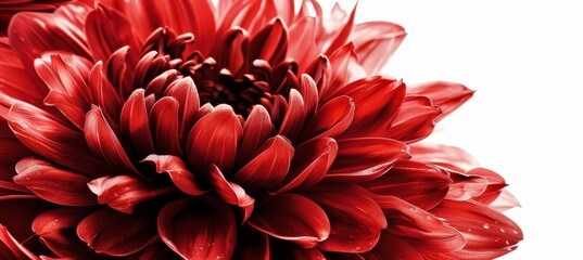 Red minimalist flower with layered petals on white, focus on center, text overlay space