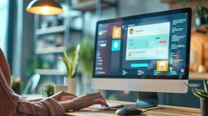 Live Chat Assistance Workspace with Representative Typing on Computer in Modern Office Environment