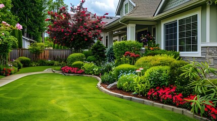 Fototapeta premium Evergreen shrubs bordering house lawn - Generative AI