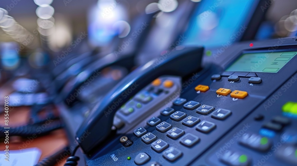 Poster desk with various voip telephone headset and networking equipment in a professional call center or c