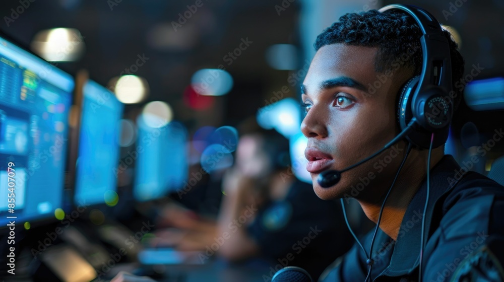 Poster supervisor monitoring computer screens and call data in a busy customer service call center environm