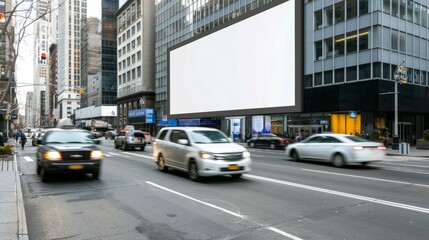 Obraz premium A busy city street with a large white billboard in the background, mockup advertising space