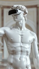 Obraz premium A man in a white body suit stands in front of a wall with a VR headset on his he, antique art classics