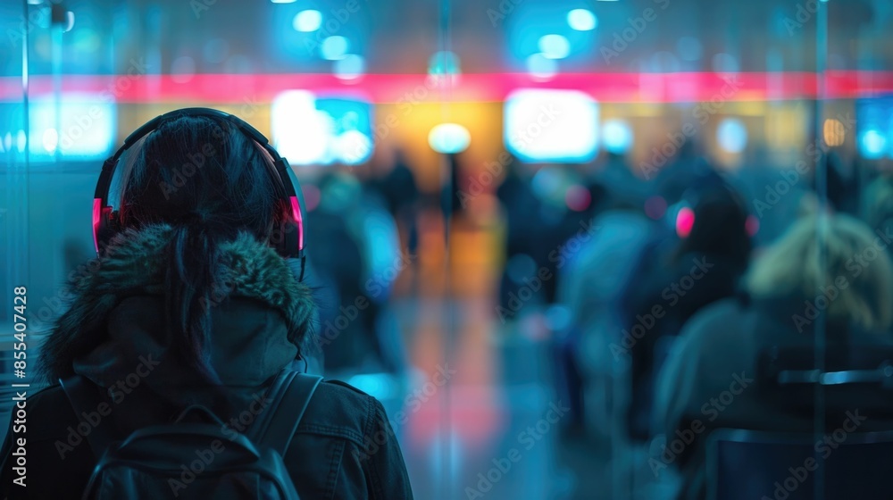 Poster blurred image of a busy call center queue with customer service agents in uniform wearing headsets w