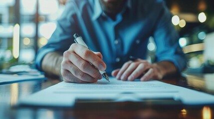 Close up of a service level agreement SLA document being reviewed and discussed by a business manager or executive at their desk in a corporate office setting