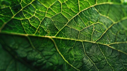 Fototapeta premium Macro photography showcasing the detailed texture and intricate features of a vibrant green leaf Emphasizing nature foliage freshness greenery plants and environmental balance