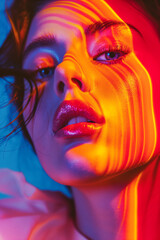 Fototapeta premium A woman's face is lit up with a rainbow of colors