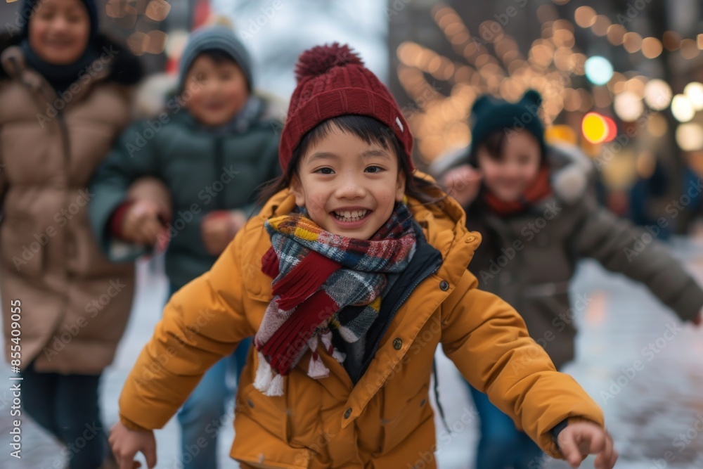 Wall mural happy asian child girl walking on the street in winter time.