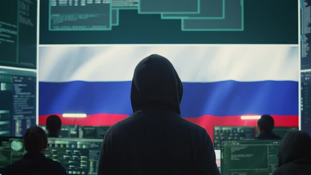 Dishonest person in a Russian cyber security room hacking systems, spreading misinformation and fake news. Russian hackers group on hybrid war tactics and international conflict. Camera B.