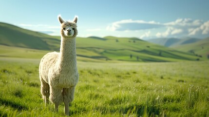 Fluffy Alpaca in Green Pasture - Generative AI