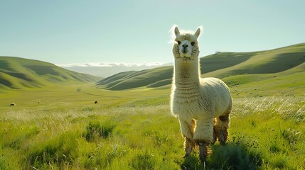 Fototapeta premium Fluffy Alpaca in Green Pasture - Generative AI