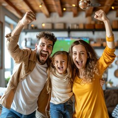 Fototapeta premium Happy family of four celebrating soccer goal on tv, showing joyful unity in cozy living room