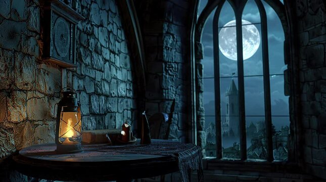 Lantern on table in castle room with window overlooking full moon
 Seamless looping 4k time-lapse virtual video animation background. Generated AI