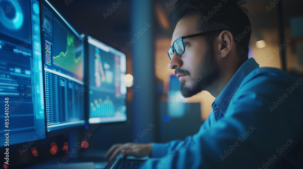 Poster portrait of a web analytics developer working in modern office, tech worker portrait