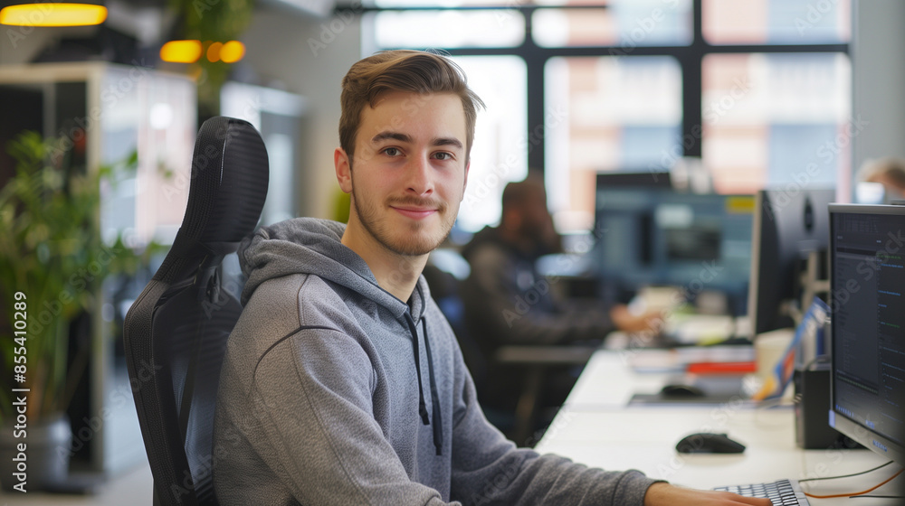 Poster portrait of a web analytics developer working in modern office, tech worker portrait